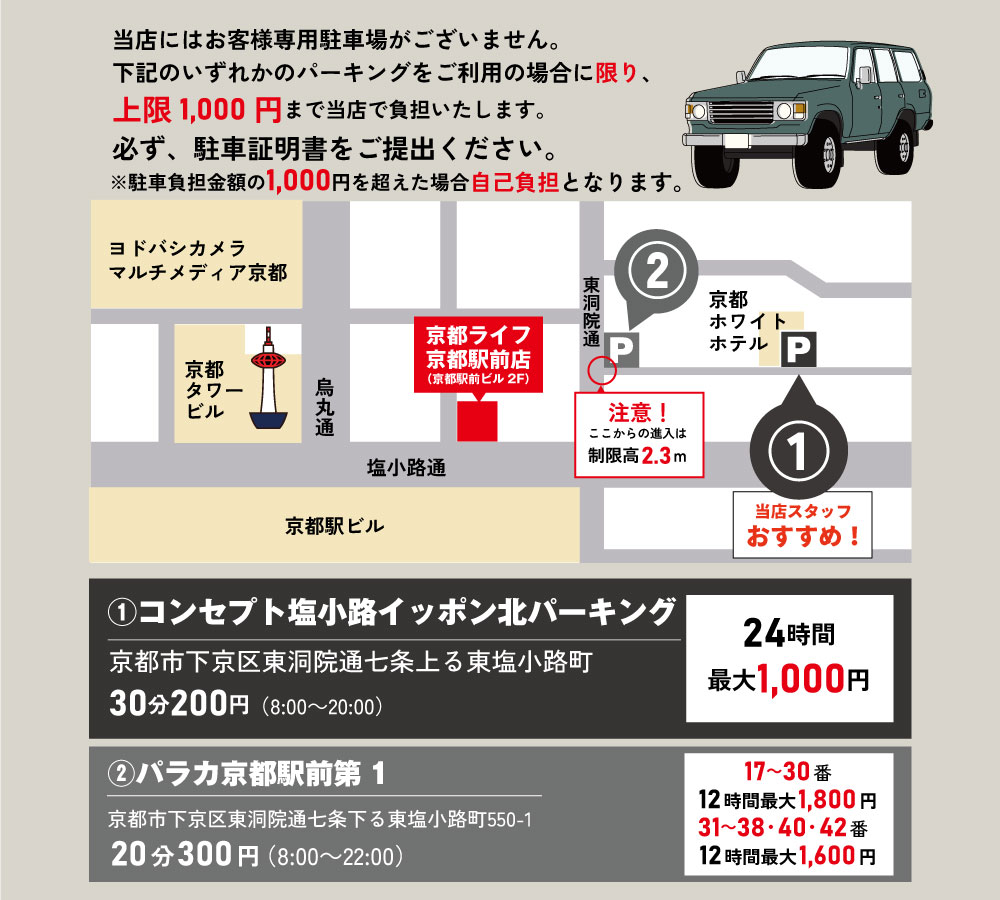 京都ライフ京都駅前店の駐車場のご案内