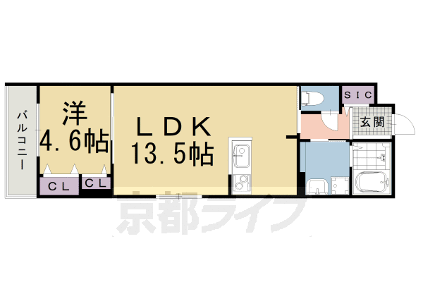 1LDK:洋4.6×LDK13.5(43.65㎡)