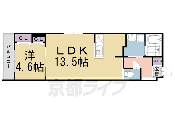 1LDK:洋4.6×LDK13.5(43.65㎡)