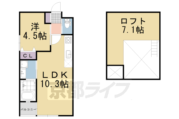 1LDK:洋4.5×LDK10.3×ロフト7.1(34.32㎡)