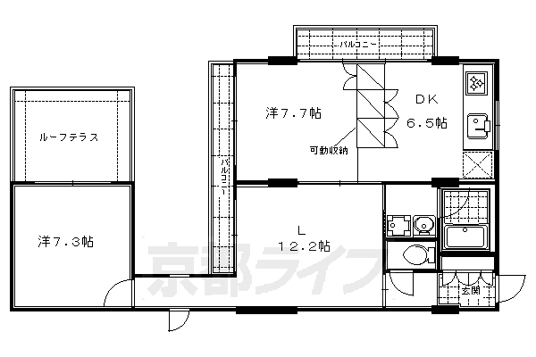 ■2LDK：洋7.3×洋7.7×L12.2×DK6.5(71.3㎡)