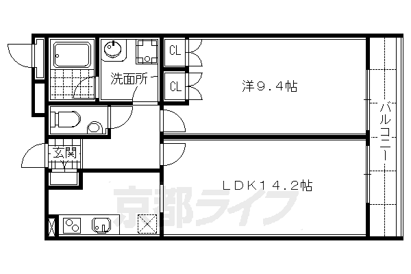 ■1LDK：洋9.4×LDK14.2(53.7 ㎡)