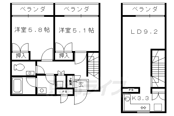 ■2LDK：洋5.8×洋5.1×LDK12.5(59.66 ㎡)