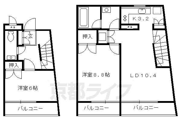 ■2LDK：洋8.8×洋6×LDK13.6(68.38 ㎡)
