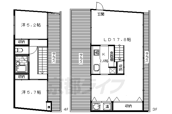 2LDK：洋5.7×洋5.2×LD17.8×K2.6（76.58㎡）