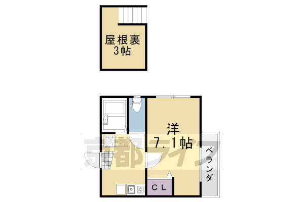 1K：洋7.1×K3.4×ロフト3（23㎡）