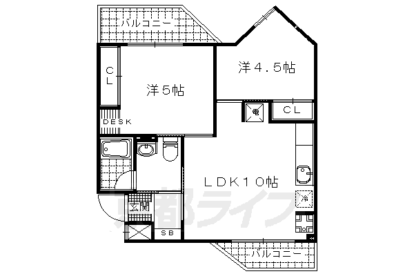 2LDK：洋5×洋4.5×LDK10（44.4㎡）