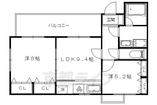 2LDK：洋8×洋5.2×LDK9.4（52.1㎡）