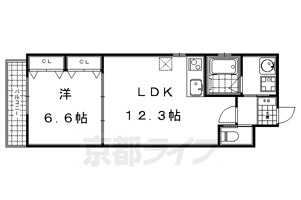 1LDK：洋6.6×LDK12.3（43.46㎡）