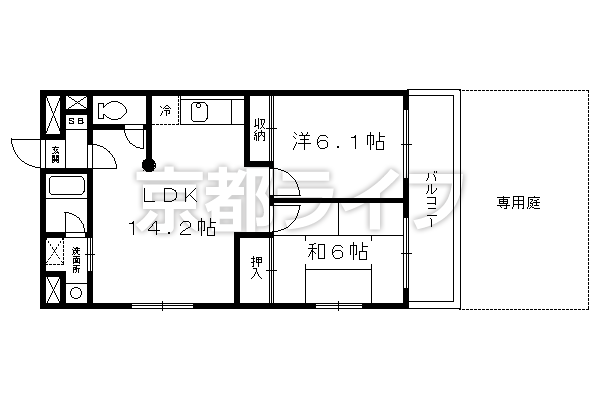 2LDK:洋6.1×和6×LDK14.2（56㎡）