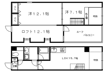 2LDK：洋12.1×洋7.1×LDK15.7×ロフト12.1（96.37㎡）