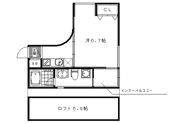 1K：洋6.6×K3.5×ロフト5.8（27.08㎡）