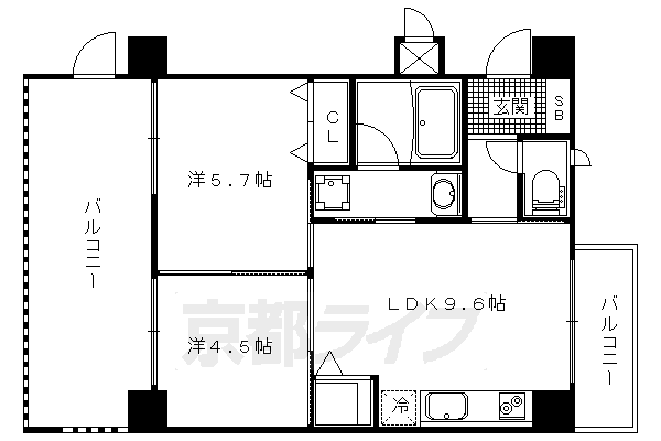 2LDK：洋5.7×洋4.5×LDK9.6（43.28㎡）