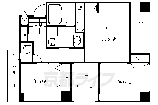 3LDK：洋6×洋5×洋3.5×LDK9.8（56.77㎡）