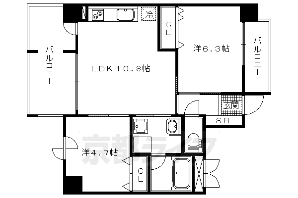 2LDK：洋6.3×洋4.7×LDK10.8（48.93㎡）