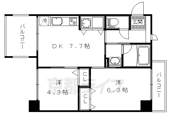 2LDK：洋6.3×洋4.3×LDK7.7（42.7㎡）