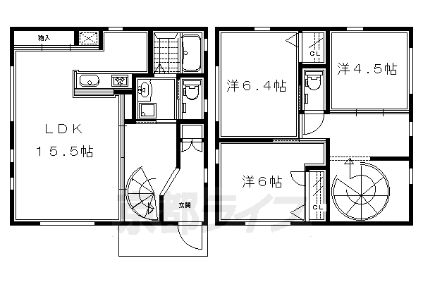 ■3LDK：洋6.4×洋6×洋4.5×LDK15.5(85.56 ㎡)