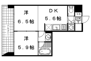 2DK：洋6.5×洋5.9×DK5.6（39.78㎡）