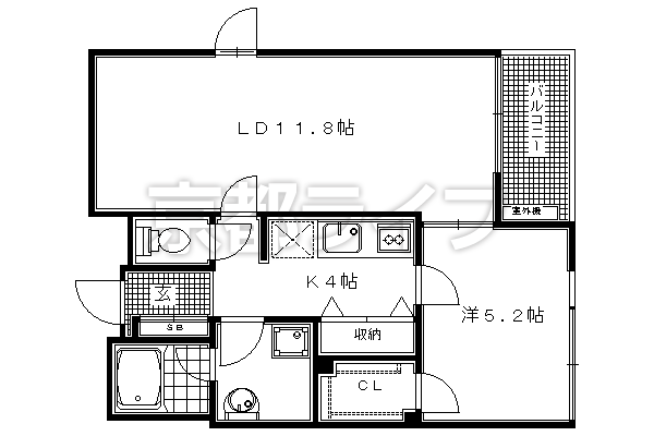 1LDK：洋5.2×納1.2×LD11.8×K4（44.9㎡）