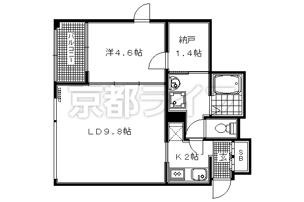 1LDK：洋4.6×納1.4×LD9.8×K2（40.97㎡）