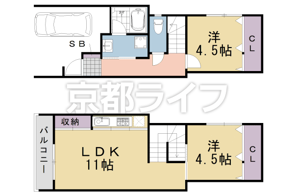 2LDK：洋4.5×洋4.5×LDK11（53.2㎡）