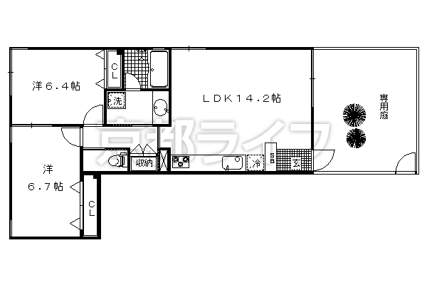 2LDK：洋6.4×洋6.7×LDK14.2（60.2㎡）