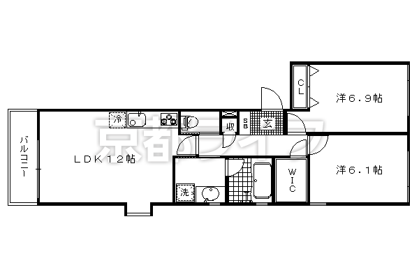 2LDK：洋6.1×洋6.9×LDK12（58.6㎡）