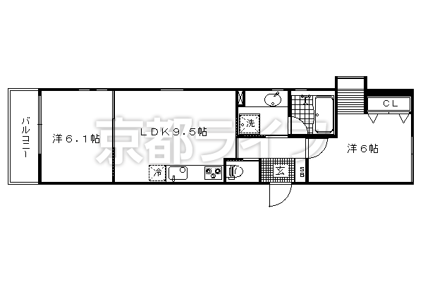 2LDK：洋6.1×洋6×LDK9.5（49㎡）