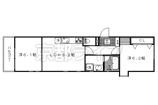 2LDK：洋6.1×洋6.2×LDK9.2（50.4㎡）