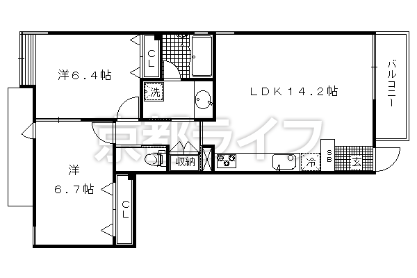 2LDK：洋6.4×洋6.7×LDK14.2（60.2㎡）