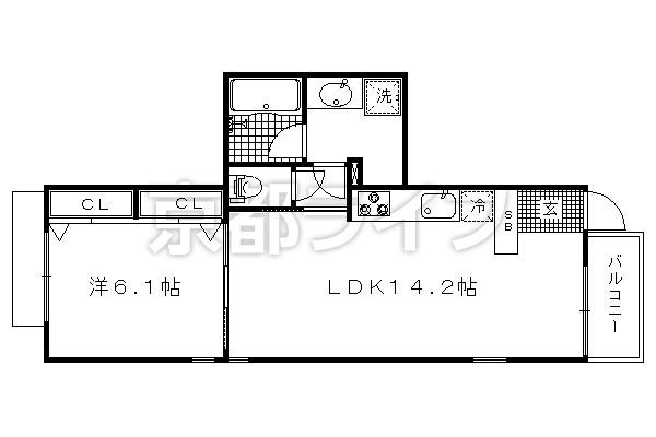 1LDK：洋6.1×LDK14.2（46.3㎡）