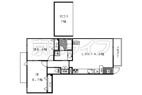 2LDK：洋6.4×洋6.7×LDK14.2×ロフト7（60.2㎡）