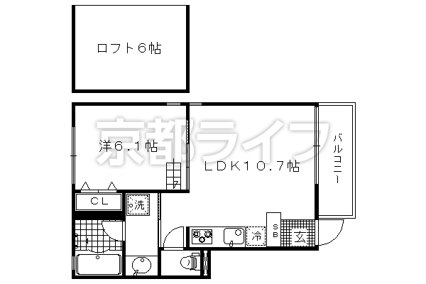 1LDK：洋6.1×LDK10.7×ロフト6（39.1㎡）