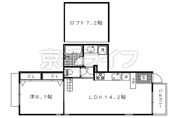 1LDK：洋6.1×LDK14.2×ロフト7.2（46.3㎡）