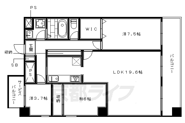 3LDK：洋7.5×洋3.7×和6×LDK1.6（83.43㎡）