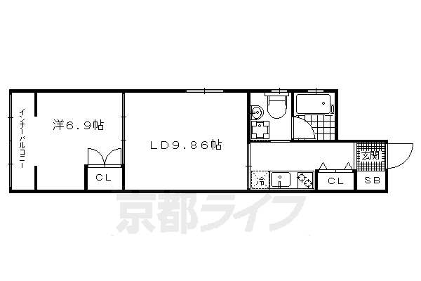 1LDK:洋6.9×LD9.86×K2.5（39㎡）
