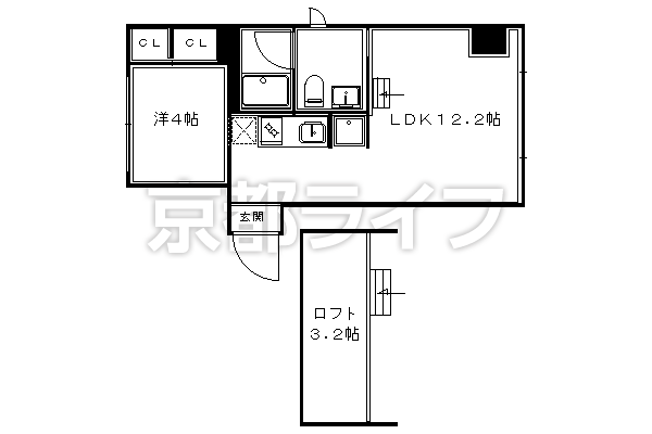 1LDK：洋4.0×LDK12.2×ロフト3.2（40.72㎡）