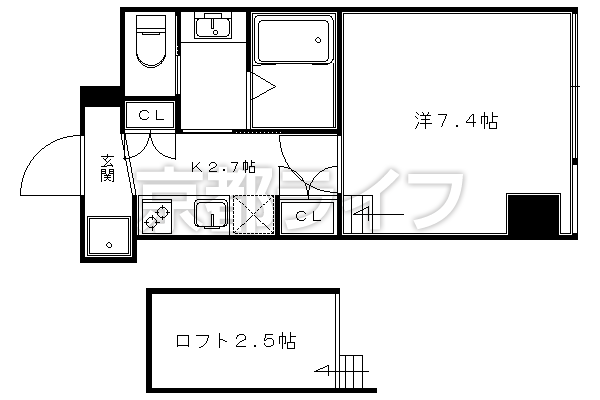 1K：洋7.4×K2.7×ロフト2.5（29.49㎡）