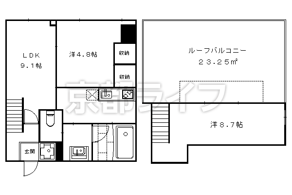 2LDK：洋4.8×洋8.7×LDK9.1（49.72 ㎡）