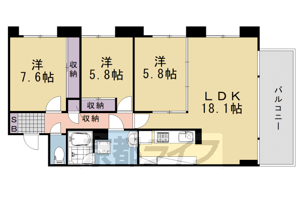 ■3LDK：洋5.8×洋7.6×洋5.8×LDK18.1(87.88 ㎡)