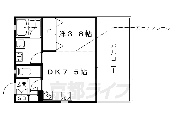 1DK：洋3.8×DK7.5（30.25㎡）