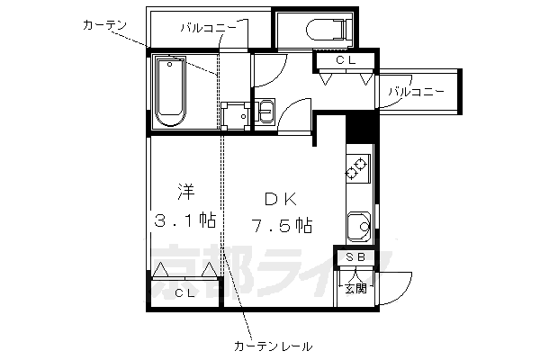 1DK：洋3.1×DK7.5（32.25㎡）