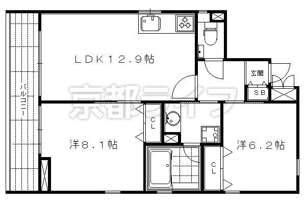 2LDK：洋6.2×洋8.1×LDK12.9（60.4㎡）