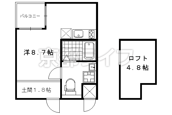 1R：洋8.7×K1×ロフト4.8（25.34㎡）