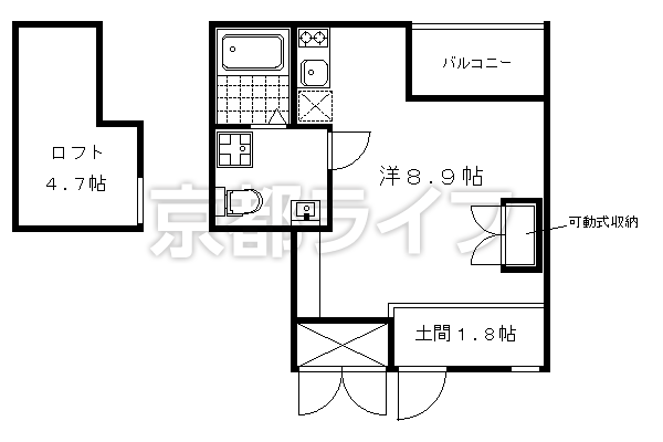 1R：洋8.9×K1×ロフト4.7（25.15㎡）