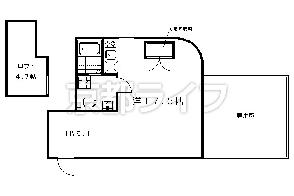 1R：洋17.5×K1×ロフト4.7（44.56 ㎡）