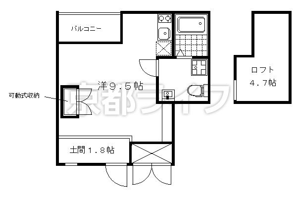 1R：洋9.5×K1×ロフト4.7（26.33 ㎡）