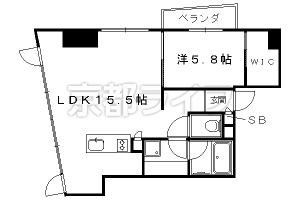 1LDK：洋5.8×LDK15.5（50.99 ㎡）