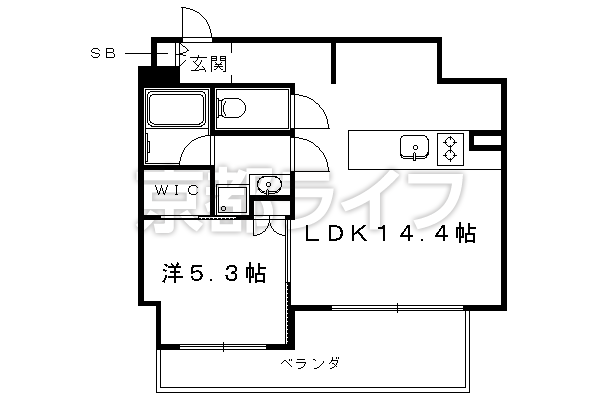 1LDK：洋5.3×LDK14.4（45.75 ㎡）
