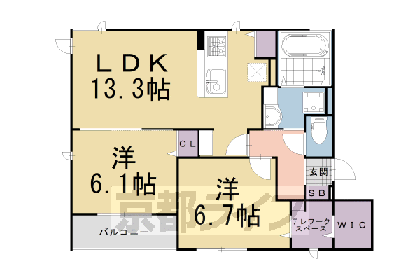 ■2LDK：洋6.1×洋6.7×LDK13.3(61.44㎡)